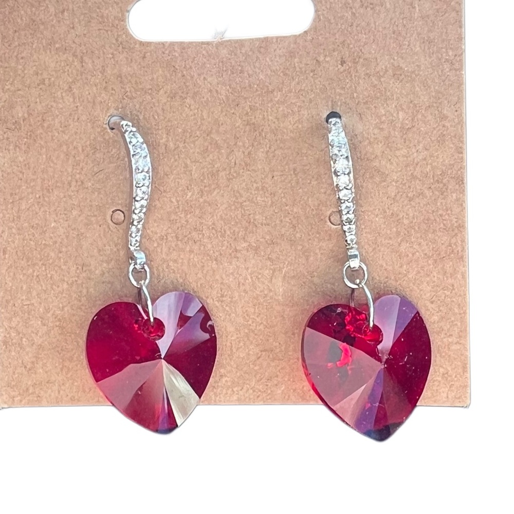 Beautiful Sterling Silver Ruby Heart Dangle Earrings with Cubic Zirconia